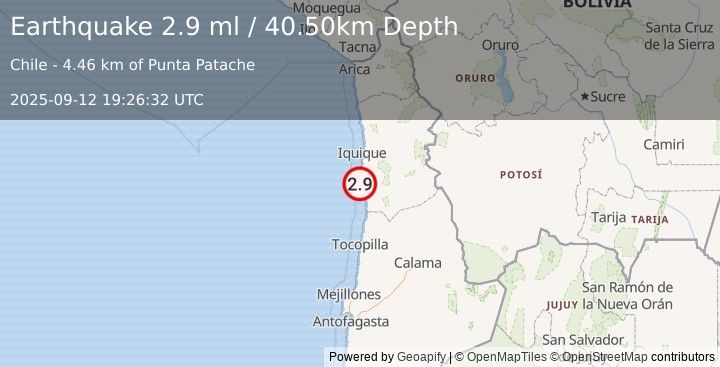 Earthquake OFFSHORE TARAPACA, CHILE (2.9 ml) (2025-09-12 19:26:32 UTC)