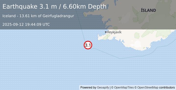 Earthquake ICELAND REGION (3.0 m) (2025-09-12 19:44:10 UTC)