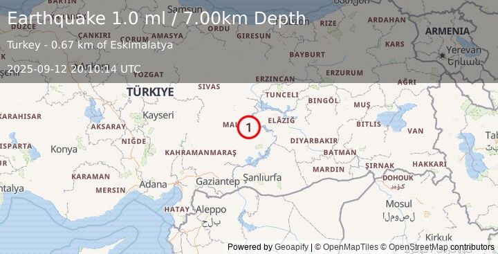 Earthquake EASTERN TURKEY (1.0 ml) (2025-09-12 20:10:14 UTC)
