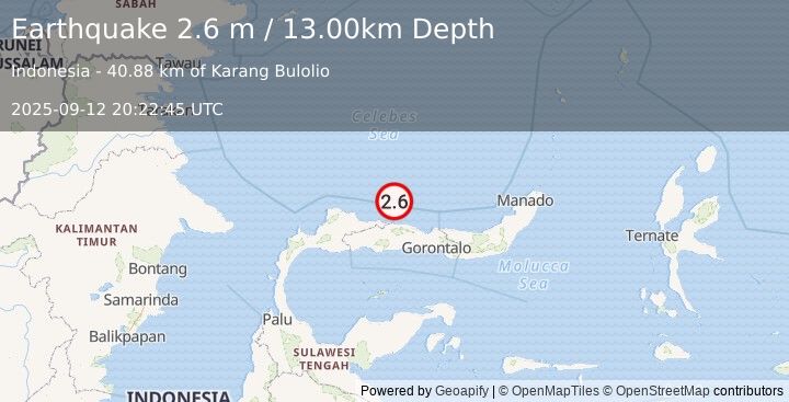 Earthquake MINAHASA, SULAWESI, INDONESIA (2.6 m) (2025-09-12 20:22:45 UTC)