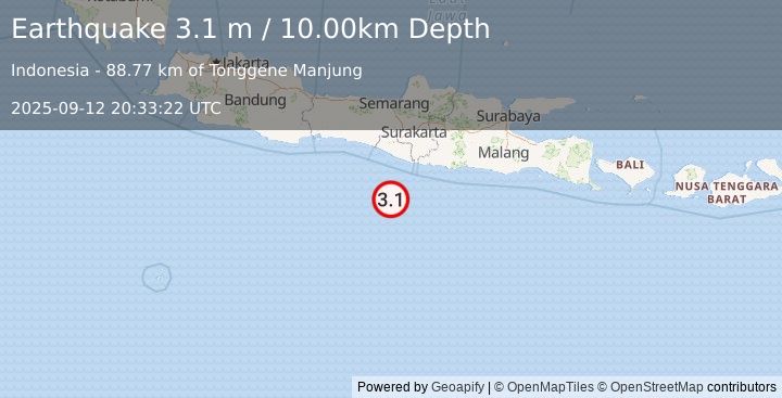 Earthquake JAVA, INDONESIA (3.1 m) (2025-09-12 20:33:22 UTC)