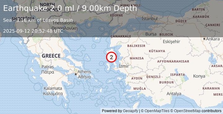 Earthquake NEAR THE COAST OF WESTERN TURKEY (2.0 ml) (2025-09-12 20:52:49 UTC)