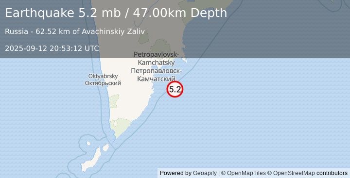 Earthquake OFF EAST COAST OF KAMCHATKA (5.2 mw) (2025-09-12 20:53:07 UTC)