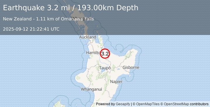 Earthquake NORTH ISLAND OF NEW ZEALAND (3.2 ml) (2025-09-12 21:22:41 UTC)