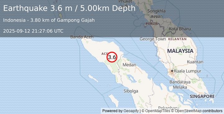 Earthquake NORTHERN SUMATRA, INDONESIA (3.6 m) (2025-09-12 21:27:06 UTC)