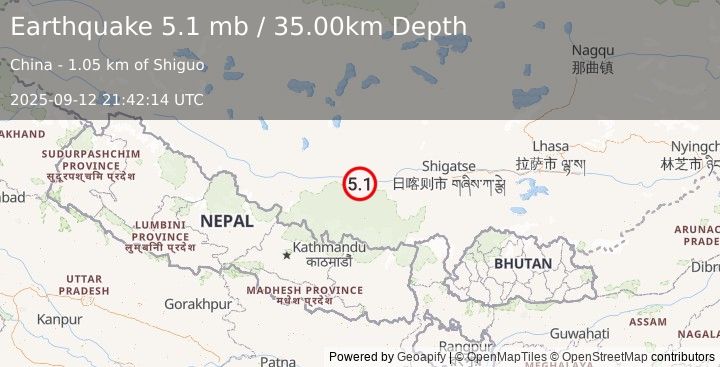 Earthquake WESTERN XIZANG (5.0 mb) (2025-09-12 21:42:10 UTC)