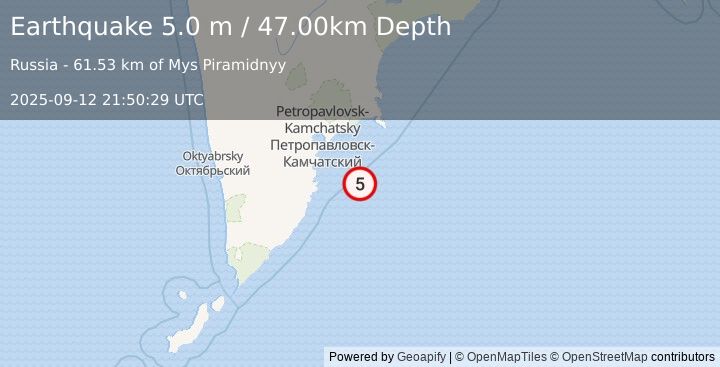 Earthquake OFF EAST COAST OF KAMCHATKA (4.7 mb) (2025-09-12 21:50:27 UTC)