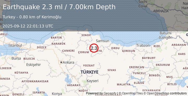 Earthquake CENTRAL TURKEY (2.3 ml) (2025-09-12 22:01:13 UTC)