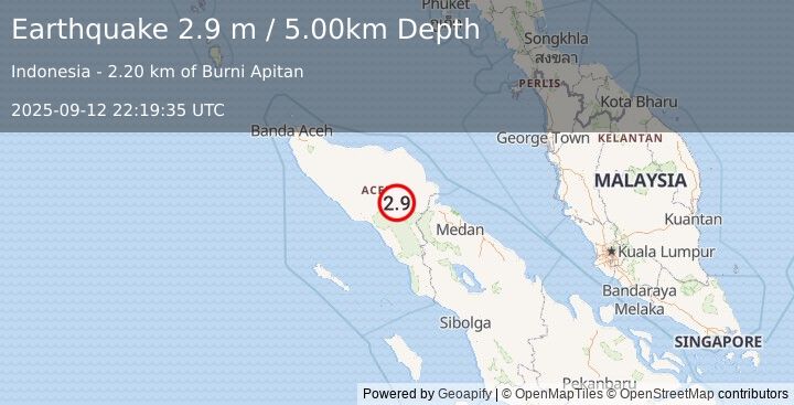 Earthquake NORTHERN SUMATRA, INDONESIA (2.9 m) (2025-09-12 22:19:35 UTC)