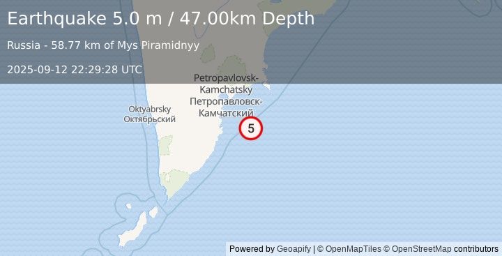 Earthquake OFF EAST COAST OF KAMCHATKA (4.9 mb) (2025-09-12 22:29:25 UTC)
