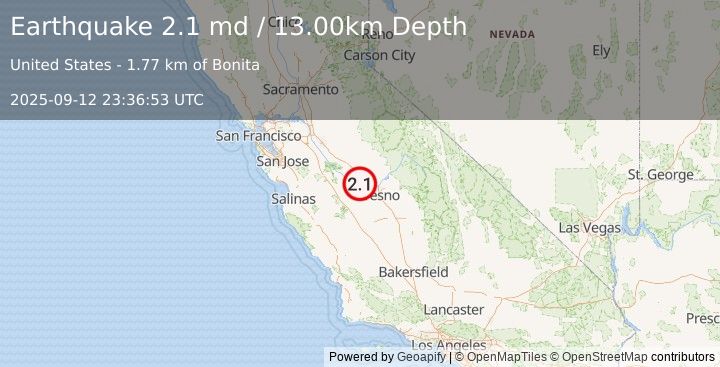 Earthquake CENTRAL CALIFORNIA (2.1 md) (2025-09-12 23:36:53 UTC)