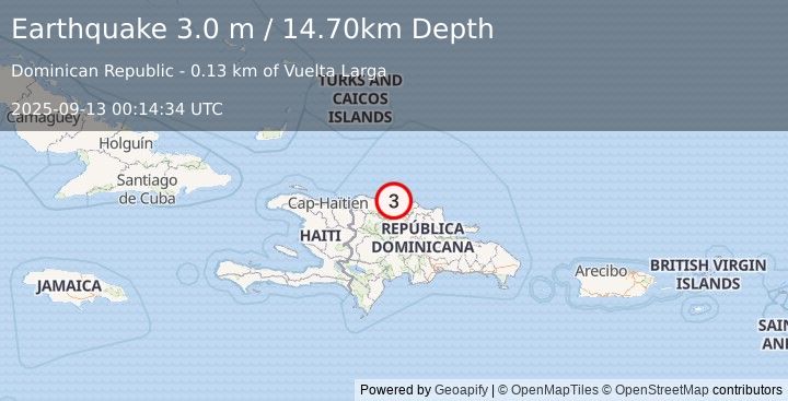 Earthquake DOMINICAN REPUBLIC (3.0 m) (2025-09-13 00:14:34 UTC)