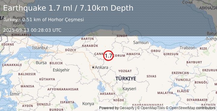 Earthquake CENTRAL TURKEY (1.7 ml) (2025-09-13 00:28:03 UTC)
