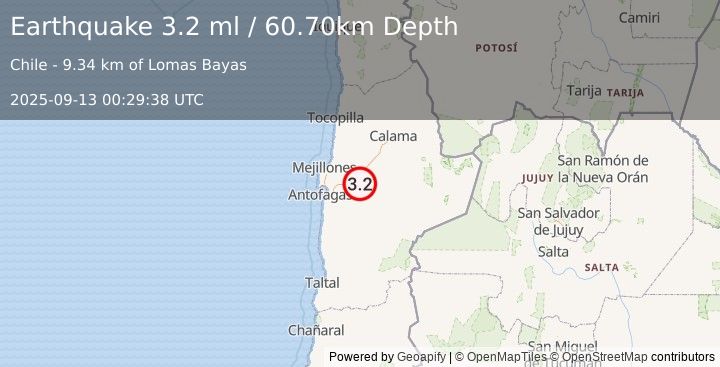 Earthquake ANTOFAGASTA, CHILE (3.2 ml) (2025-09-13 00:29:38 UTC)