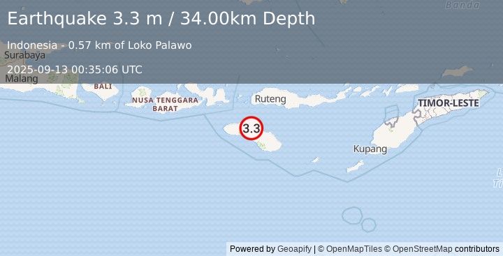 Earthquake SUMBA REGION, INDONESIA (3.3 m) (2025-09-13 00:35:06 UTC)