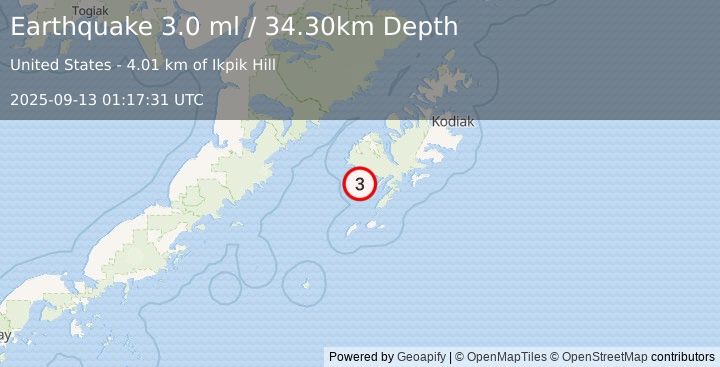 Earthquake KODIAK ISLAND REGION, ALASKA (3.0 ml) (2025-09-13 01:17:31 UTC)