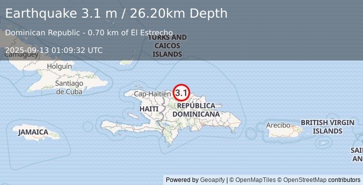 Earthquake DOMINICAN REPUBLIC (3.1 m) (2025-09-13 01:09:32 UTC)
