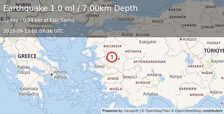 Earthquake WESTERN TURKEY (1.0 ml) (2025-09-13 01:07:36 UTC)