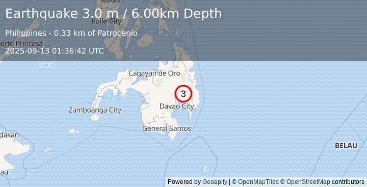 Earthquake MINDANAO, PHILIPPINES (3.0 m) (2025-09-13 01:36:42 UTC)