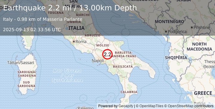 Earthquake SOUTHERN ITALY (2.2 ml) (2025-09-13 02:33:56 UTC)