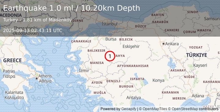 Earthquake WESTERN TURKEY (1.0 ml) (2025-09-13 02:43:11 UTC)