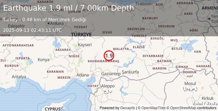 Earthquake CENTRAL TURKEY (1.9 ml) (2025-09-13 02:43:11 UTC)