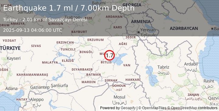 Earthquake EASTERN TURKEY (1.7 ml) (2025-09-13 04:06:00 UTC)