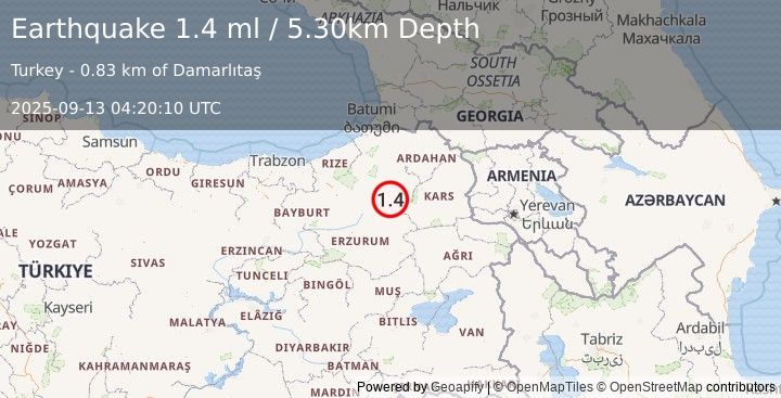 Earthquake EASTERN TURKEY (1.4 ml) (2025-09-13 04:20:10 UTC)