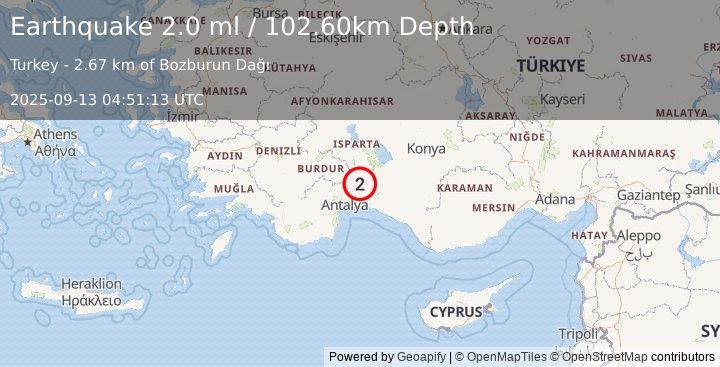 Earthquake WESTERN TURKEY (1.9 ml) (2025-09-13 04:51:11 UTC)