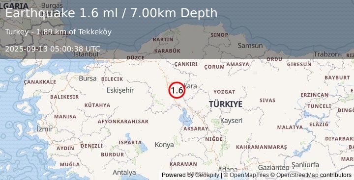 Earthquake CENTRAL TURKEY (1.6 ml) (2025-09-13 05:00:38 UTC)