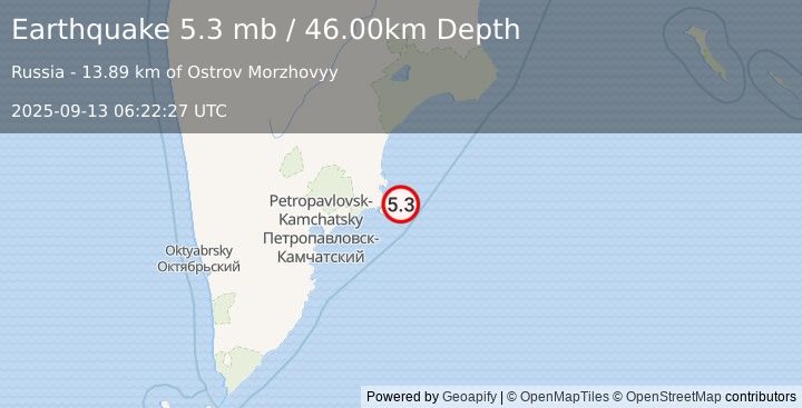 Earthquake NEAR EAST COAST OF KAMCHATKA (5.1 mb) (2025-09-13 06:22:28 UTC)