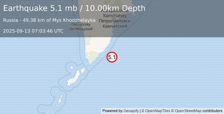 Earthquake NEAR EAST COAST OF KAMCHATKA (5.2 mb) (2025-09-13 07:03:51 UTC)