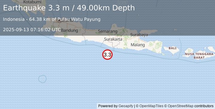 Earthquake JAVA, INDONESIA (3.3 m) (2025-09-13 07:16:02 UTC)