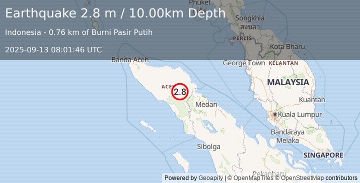 Earthquake NORTHERN SUMATRA, INDONESIA (2.8 m) (2025-09-13 08:01:46 UTC)