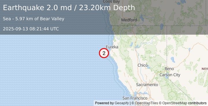 Earthquake OFFSHORE NORTHERN CALIFORNIA (2.0 md) (2025-09-13 08:21:44 UTC)