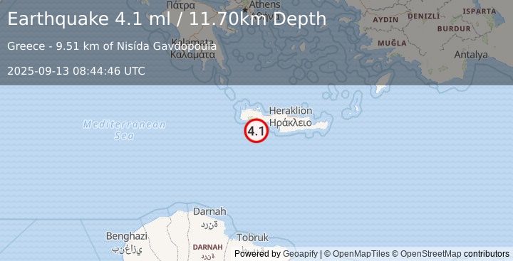 Earthquake CRETE, GREECE (4.2 ml) (2025-09-13 08:44:45 UTC)