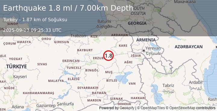 Earthquake EASTERN TURKEY (1.8 ml) (2025-09-13 09:25:33 UTC)