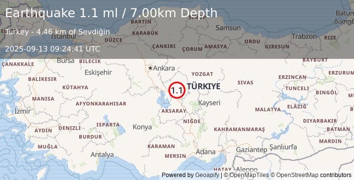 Earthquake CENTRAL TURKEY (1.1 ml) (2025-09-13 09:24:41 UTC)