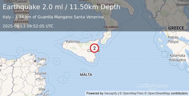 Earthquake SICILY, ITALY (2.0 ml) (2025-09-13 09:52:05 UTC)