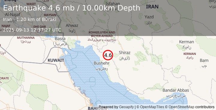 Earthquake SOUTHERN IRAN (4.6 mb) (2025-09-13 12:37:27 UTC)