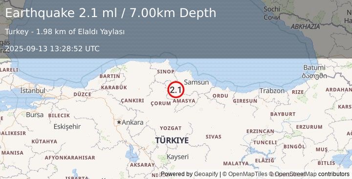 Earthquake CENTRAL TURKEY (2.1 ml) (2025-09-13 13:28:51 UTC)