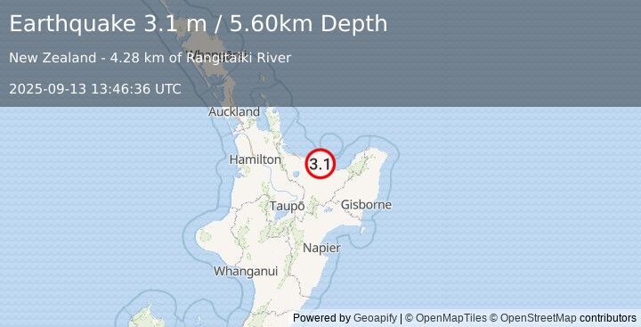 Earthquake NORTH ISLAND OF NEW ZEALAND (3.1 m) (2025-09-13 13:46:36 UTC)
