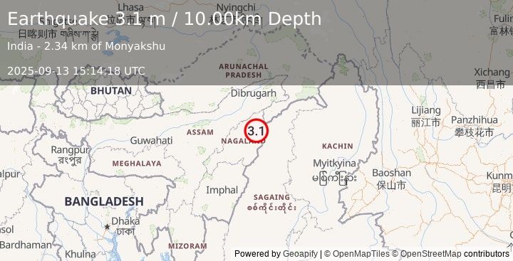 Earthquake MYANMAR-INDIA BORDER REGION (3.2 m) (2025-09-13 15:14:12 UTC)