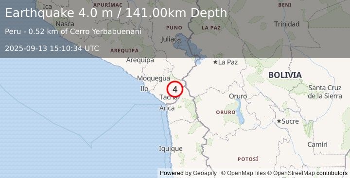 Earthquake SOUTHERN PERU (4.0 m) (2025-09-13 15:10:34 UTC)