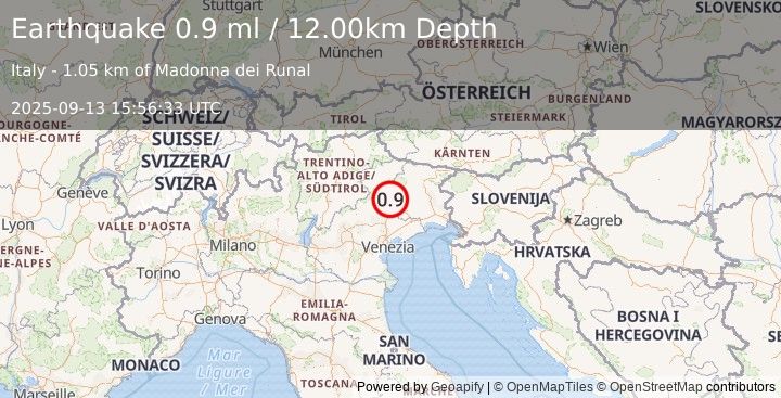 Earthquake NORTHERN ITALY (0.9 ml) (2025-09-13 15:56:33 UTC)
