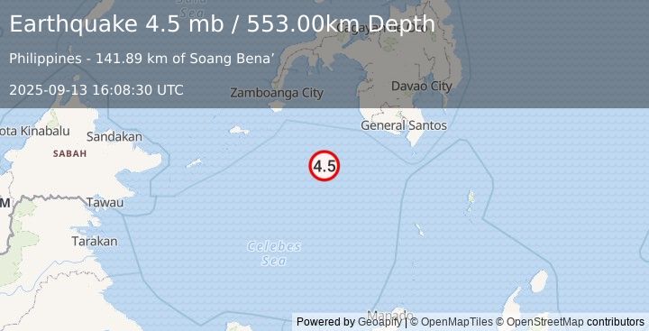Earthquake CELEBES SEA (4.8 mb) (2025-09-13 16:08:26 UTC)