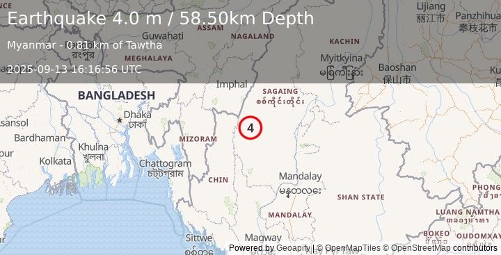 Earthquake MYANMAR (3.4 m) (2025-09-13 16:16:54 UTC)