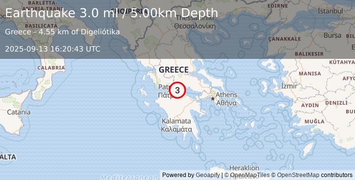 Earthquake GREECE (3.0 ml) (2025-09-13 16:20:42 UTC)