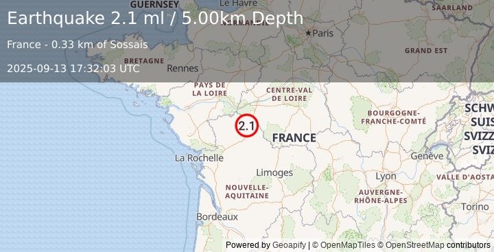 Earthquake FRANCE (2.1 ml) (2025-09-13 17:32:03 UTC)