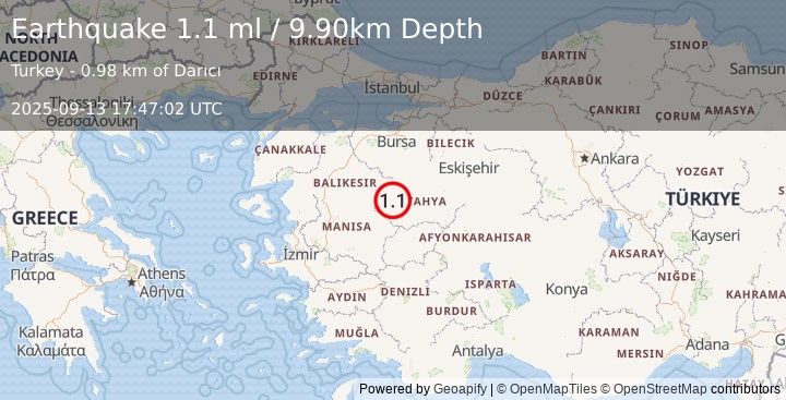 Earthquake WESTERN TURKEY (1.1 ml) (2025-09-13 17:47:02 UTC)